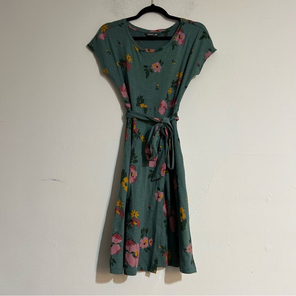 Toad&Co Cue Wrap Short Sleeve Jersey Knit Mini Dress Silver Pine Floral Size XS